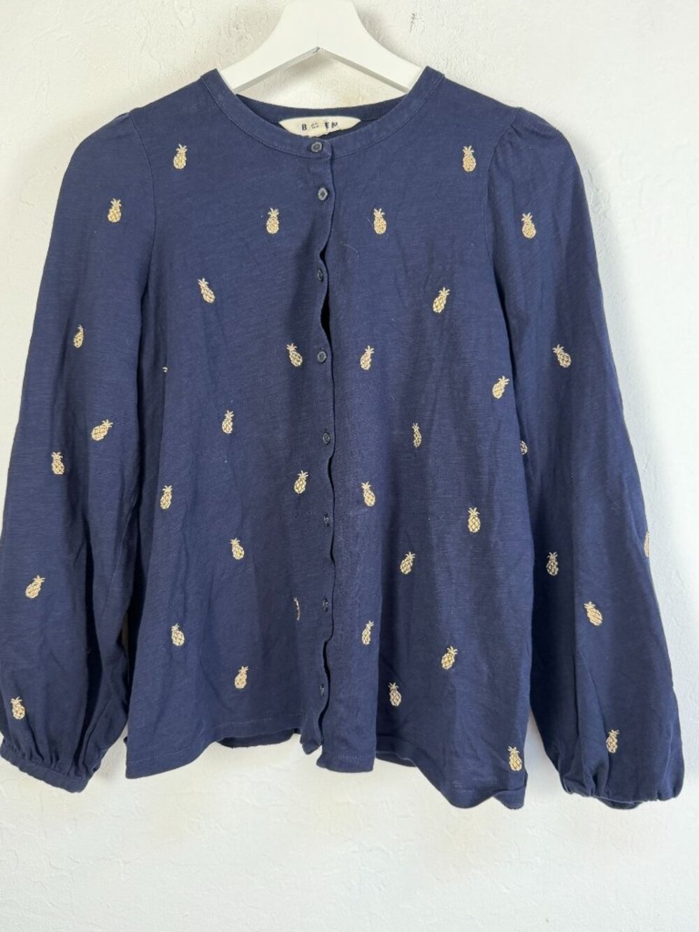 Boden Marina Women Shirt Navy Blue Gold Pineapple Embroidered Blouse Top Size 10